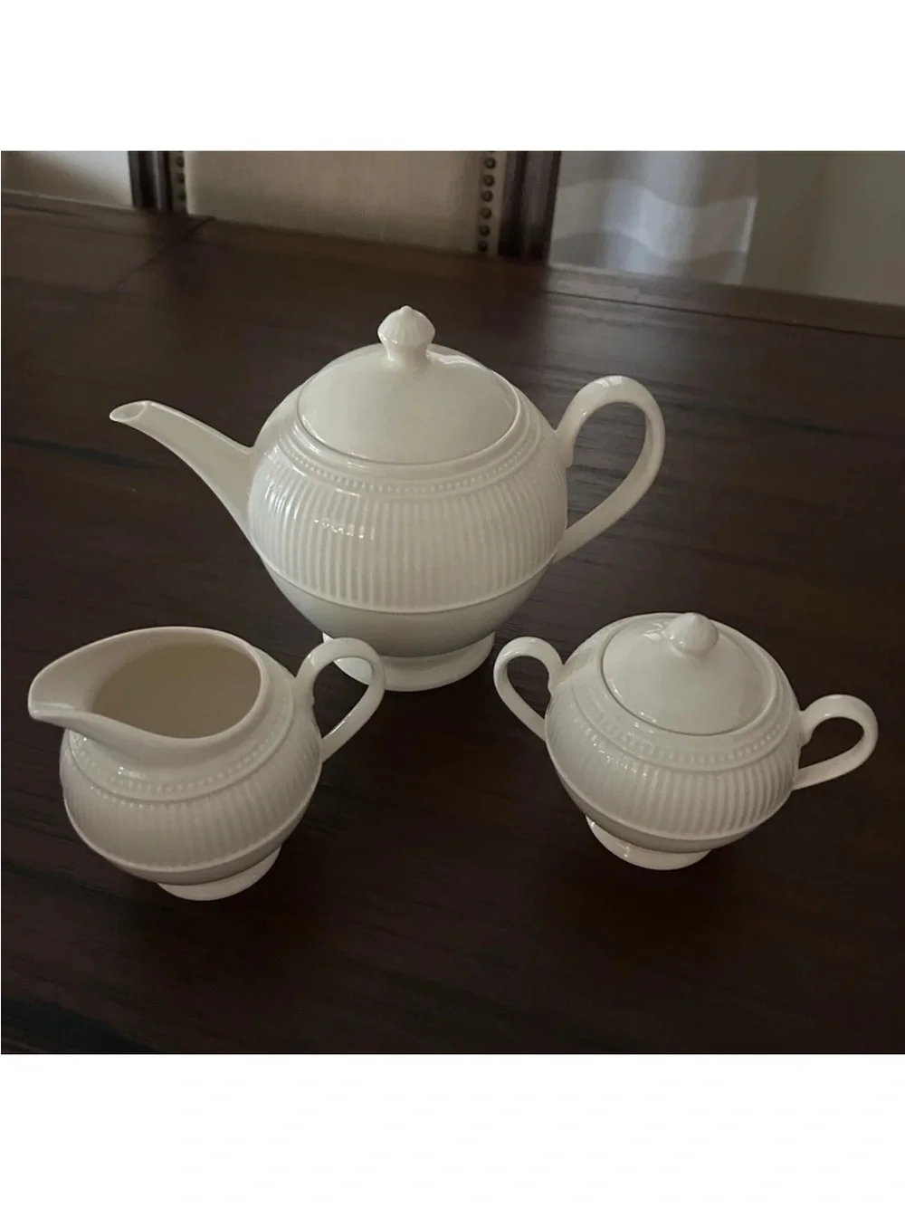 Wedgwood White Ribbed Porcelain Tea Set - Teapot, Creamer & Sugar